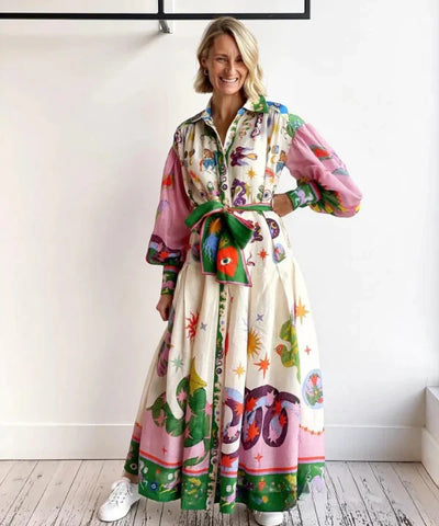 Yuna Collection – Bohemian Maxi Dress with Unique Print and Bow Detail