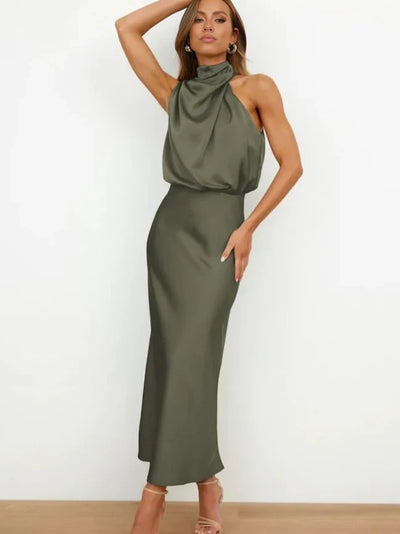 Yuna Collection | Elegant Satin Halter Dress for Evening Glamour